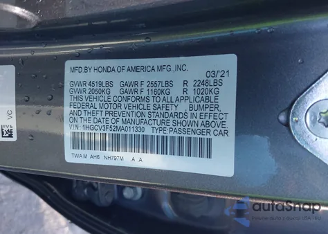 2021 Honda Accord Hybrid Ex-L из США, поврежденный, VIN 1HGCV3F52MA011330